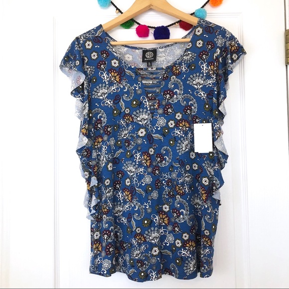 bobeau Tops - Bobeau Blue Floral Ruffle Sleeve Ladder Neck Tee